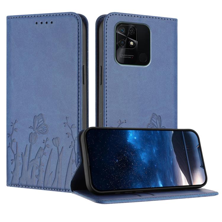 Navy blue magnetic vegan leather phone case with tulip and butterfly pattern