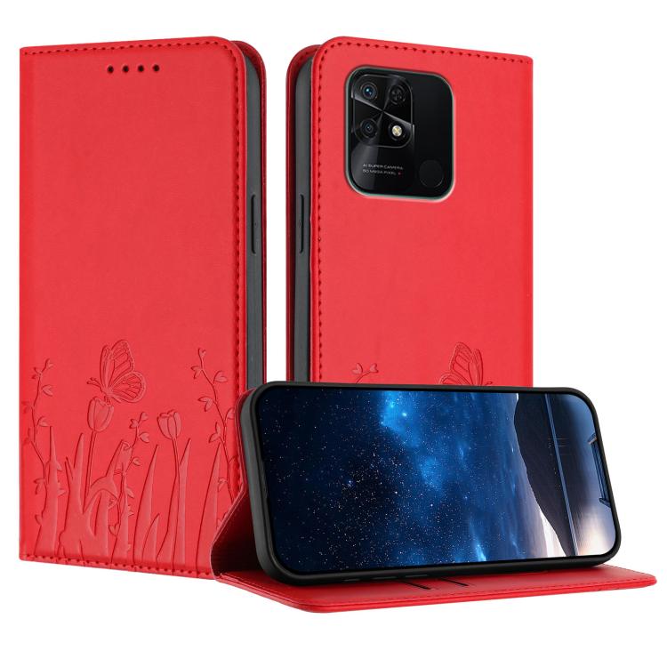 Red magnetic vegan leather phone case with tulip and butterfly pattern
