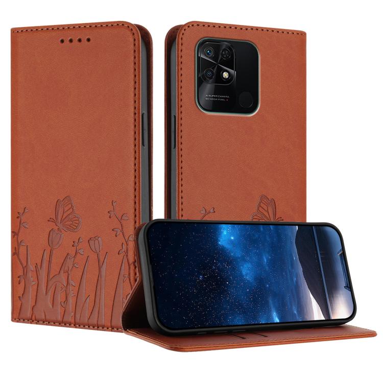 Orange butterfly and tulip magnetic wallet phone case with vegan leather finish