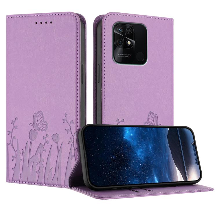 Light purple butterfly and tulip magnetic wallet phone case with vegan leather finish