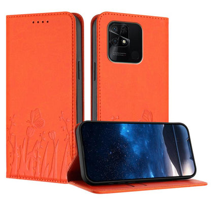 Orange butterfly and tulip magnetic wallet phone case with vegan leather finish