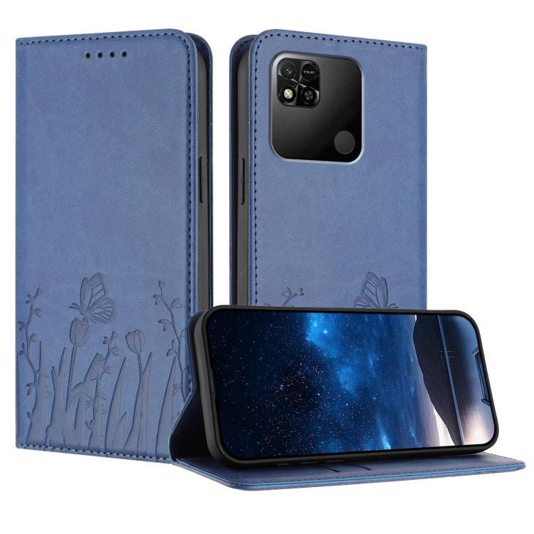 Navy blue vegan leather phone case with magnetic fold and tulip-butterfly pattern