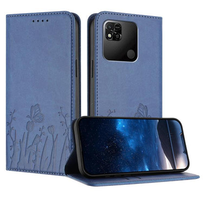 Navy blue vegan leather phone case with magnetic fold and tulip-butterfly pattern