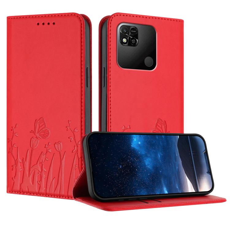 Red vegan leather phone case with magnetic fold and tulip-butterfly pattern