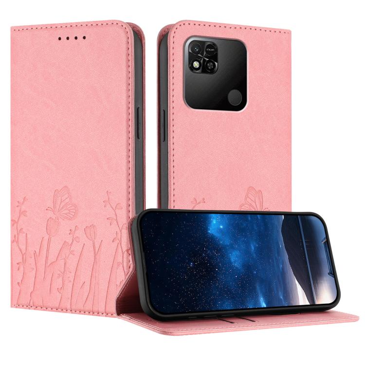 Pink magnetic vegan leather phone case with tulip and butterfly pattern