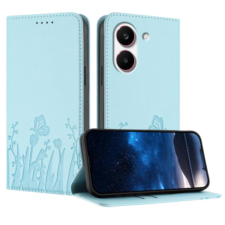 Tulips butterfly-pattern folio phone case, light blue with embossed flowers and butterflies