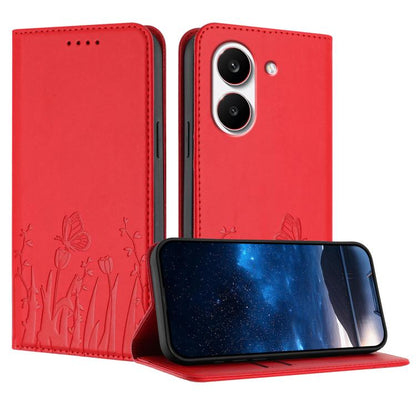 Tulips butterfly-pattern folio phone case, red with embossed flowers and butterflies