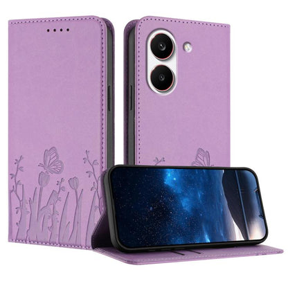Lavender purple tulip and butterfly magnetic vegan leather phone case with folio flap.