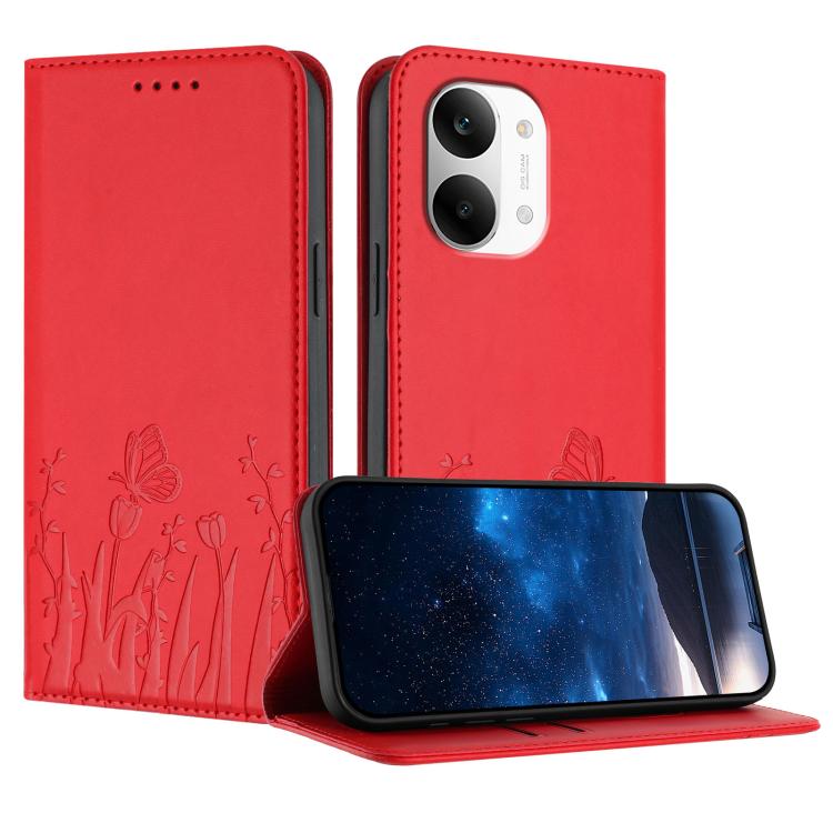 Magnetic vegan leather phone case, red with tulip and butterfly pattern, flip cover