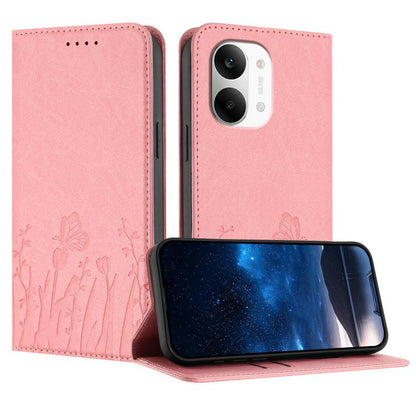 Tulips butterfly-pattern folio phone case, pink with embossed flowers and butterflies