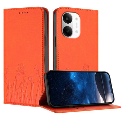Tulips butterfly-pattern folio phone case, orange with embossed flowers and butterflies