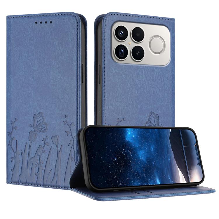 Blue vegan leather phone case with butterfly and tulip pattern, front flap stand