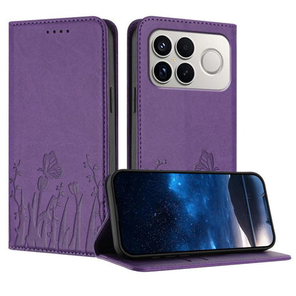 Purple flip phone case with tulip and butterfly pattern, camera cutout, wallet-style cover