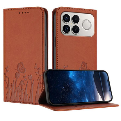 Orange flip phone case with tulip and butterfly pattern, camera cutout, wallet-style cover