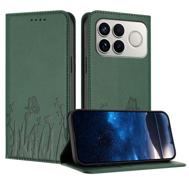Green flip phone case with tulip and butterfly pattern, camera cutout, wallet-style cover
