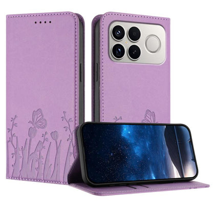Light purple flip phone case with tulip and butterfly pattern, camera cutout, wallet-style cover