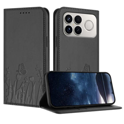 Gray flip phone case with tulip and butterfly pattern, camera cutout, wallet-style cover