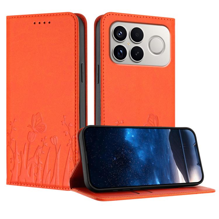 Orange flip phone case with tulip and butterfly pattern, camera cutout, wallet-style cover