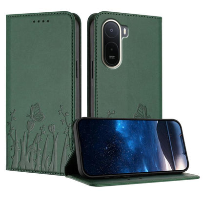 Magnetic vegan leather phone case, dark green with tulip and butterfly pattern, flip cover