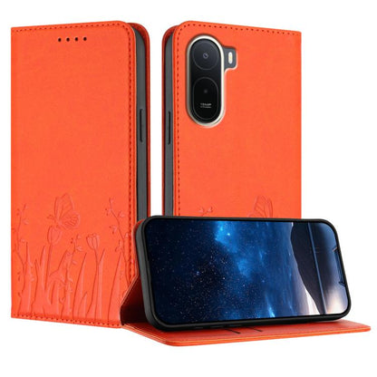 Magnetic vegan leather phone case, orange with tulip and butterfly pattern, flip cover