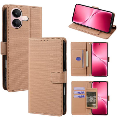 Tan crossbody phone wallet case with folio flap, card slots, and gold chain