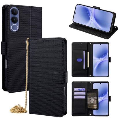 Black leather wallet phone case with crossbody chain, flip cover, and card slots