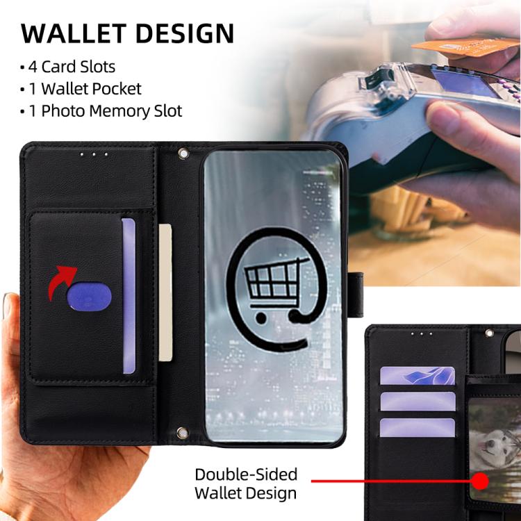 Black leather wallet phone case opened, showing card slots and photo memory pocket