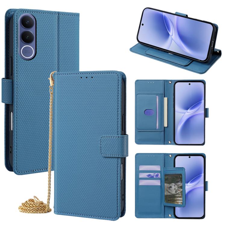 Blue leather wallet phone case with crossbody chain, flip cover, and card slots