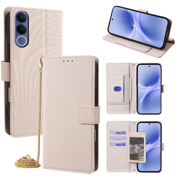 Light gray leather-look flip phone case with crossbody chain, wallet card slots and cover