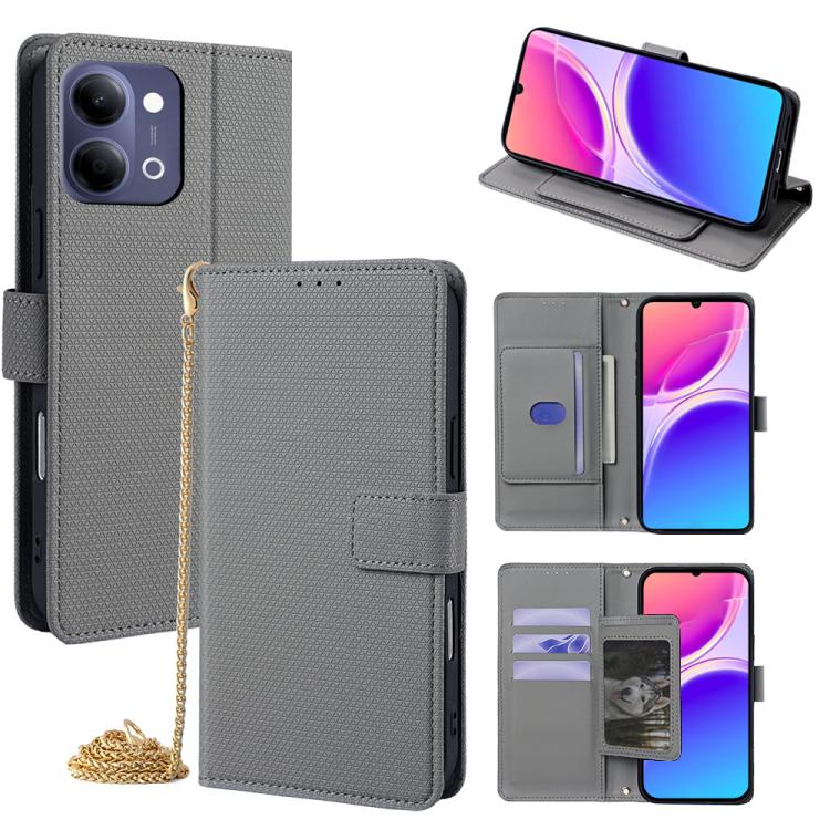 Dark gray leather-look flip phone case with crossbody chain, wallet card slots and cover