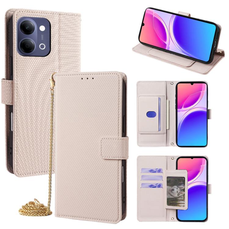 Cream leather-look flip phone case with crossbody chain, wallet card slots and cover
