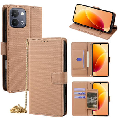 Tan leather-look flip phone case with crossbody chain, wallet card slots and cover