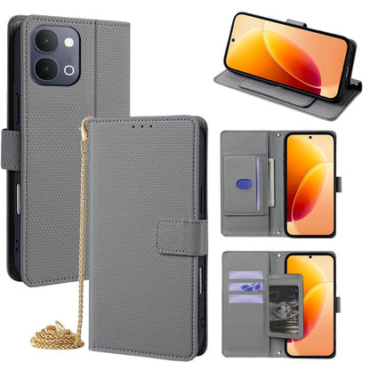 Grey crossbody phone wallet case with folio flap, card slots, and gold chain