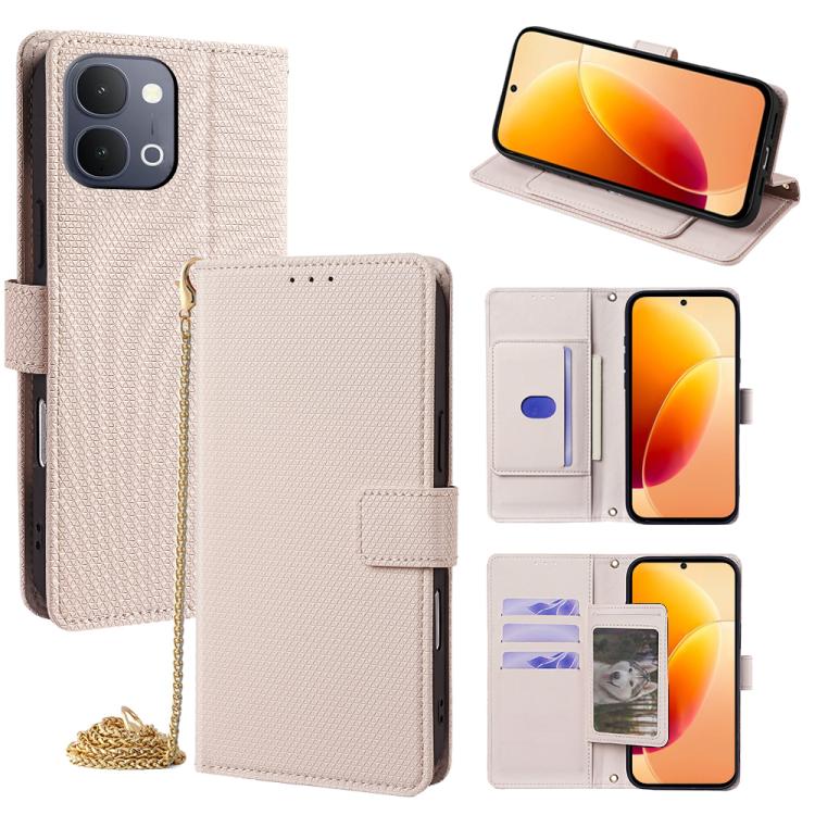 Light beige crossbody phone wallet case with folio flap, card slots, and gold chain