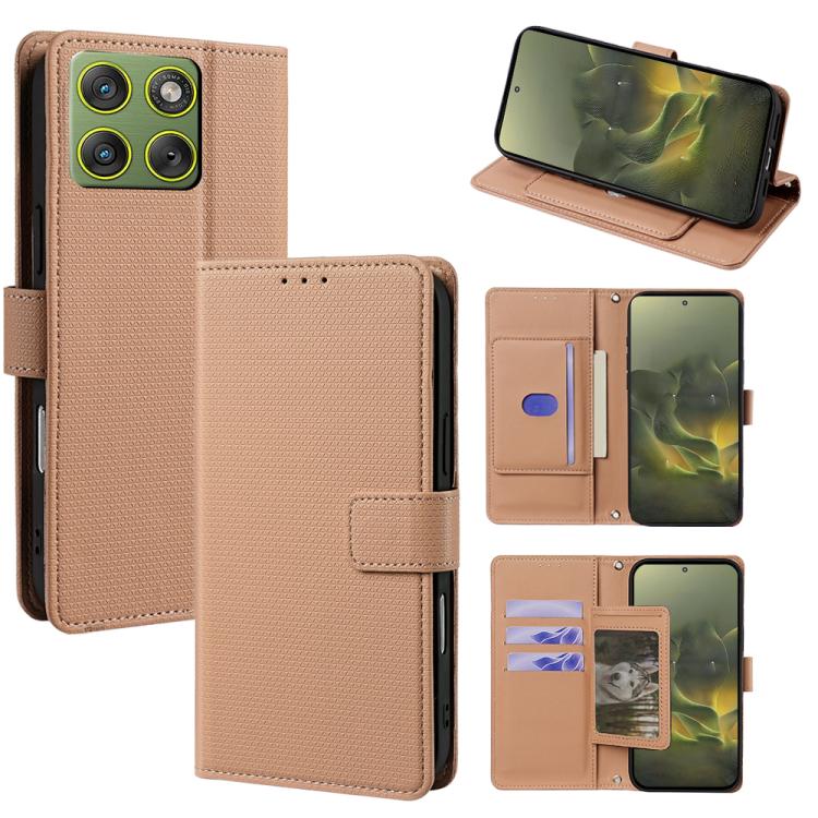 Tan crossbody folio phone case with wallet card slots and chain, textured leather-look.
