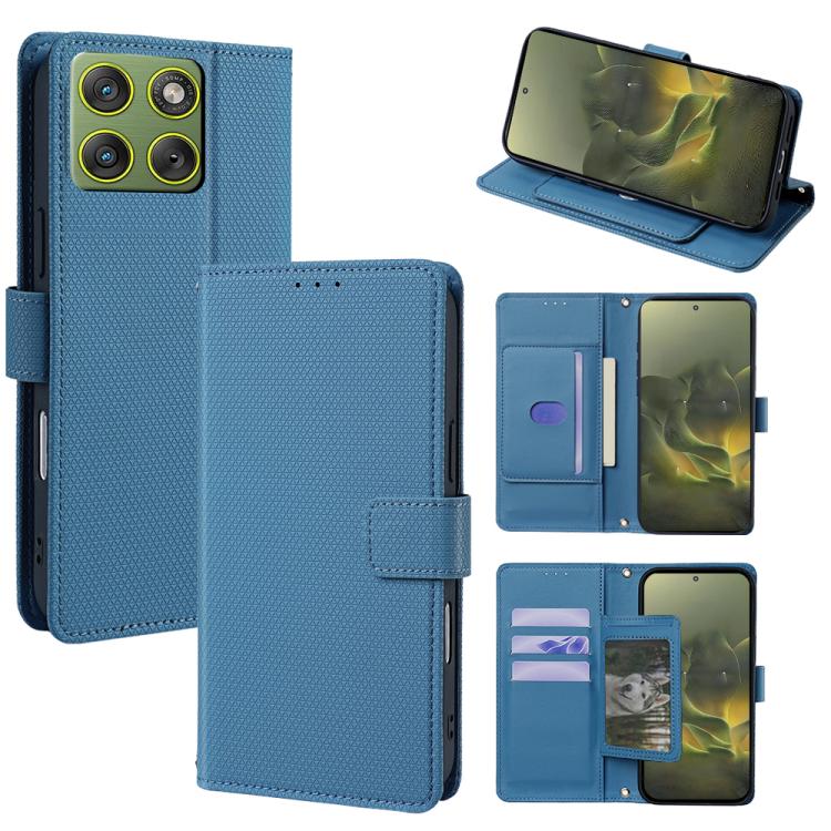 Blue leather-style crossbody wallet phone case with flap, card slots, and kickstand