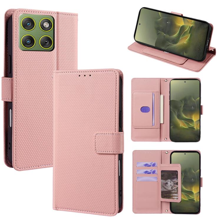Pink leather-style crossbody wallet phone case with flap, card slots, and kickstand