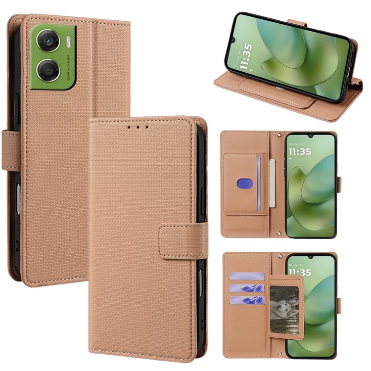 Tan leather-style crossbody wallet phone case with flap, card slots, and kickstand