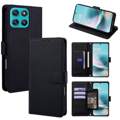 Black crossbody folio phone case with wallet card slots and chain, textured leather-look.