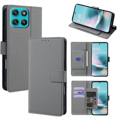 Gray crossbody folio phone case with wallet card slots and chain, textured leather-look.