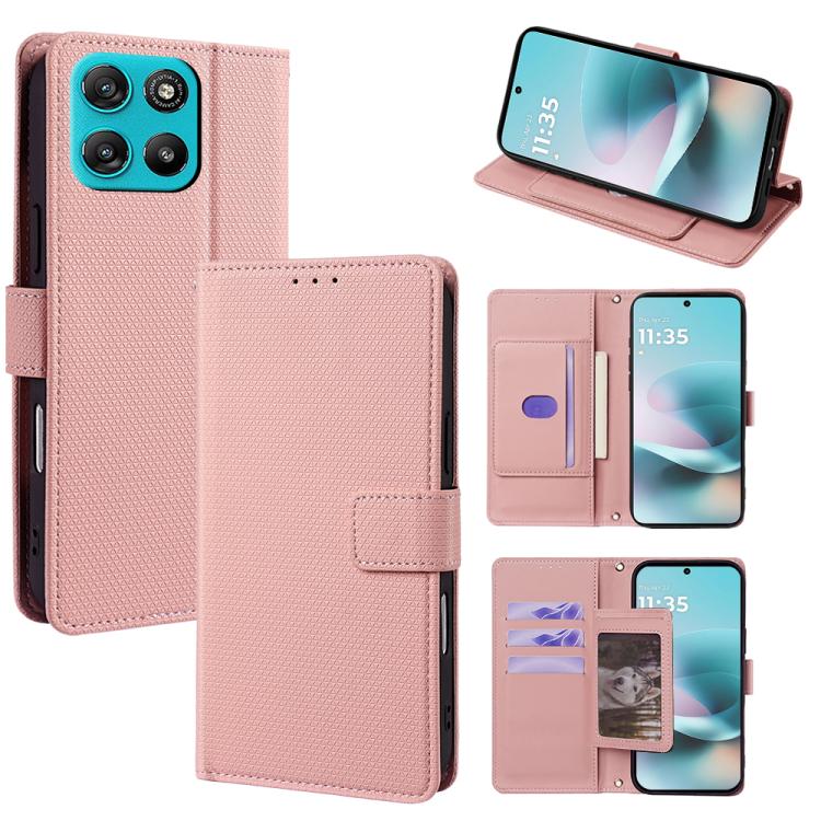 Rose pink crossbody folio phone case with wallet card slots and chain, textured leather-look.