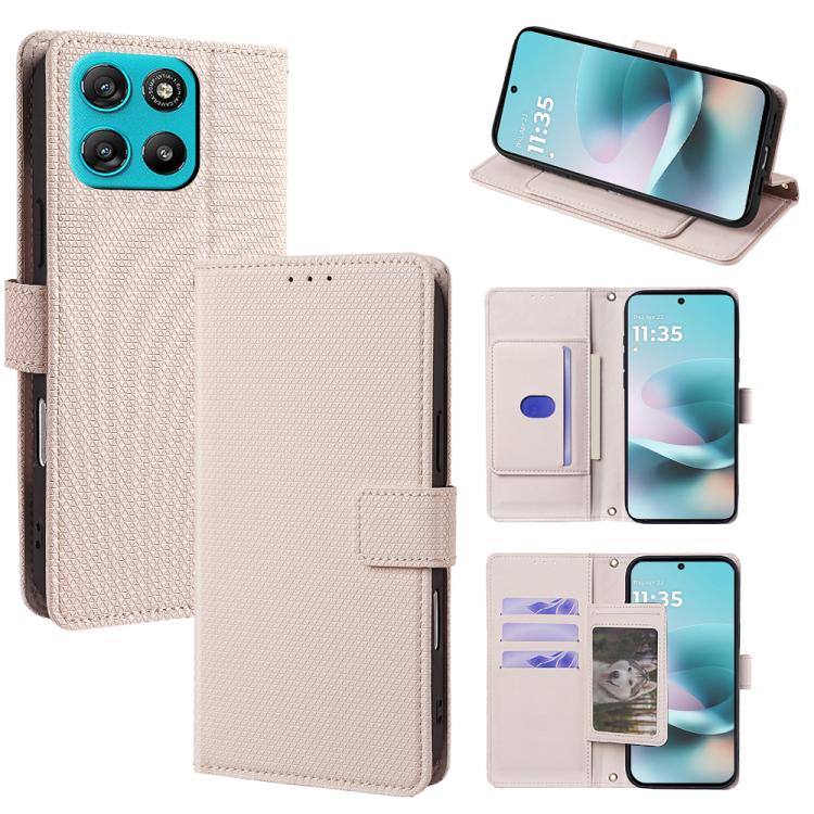 Cream crossbody folio phone case with wallet card slots and chain, textured leather-look.