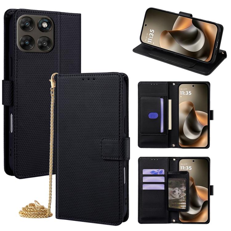 Black wallet phone case with crossbody chain, card slots, and flap closure.