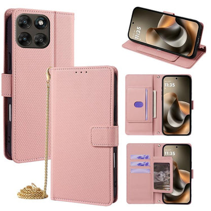 Pink crossbody folio phone case with wallet slots and gold chain, textured leather-look.