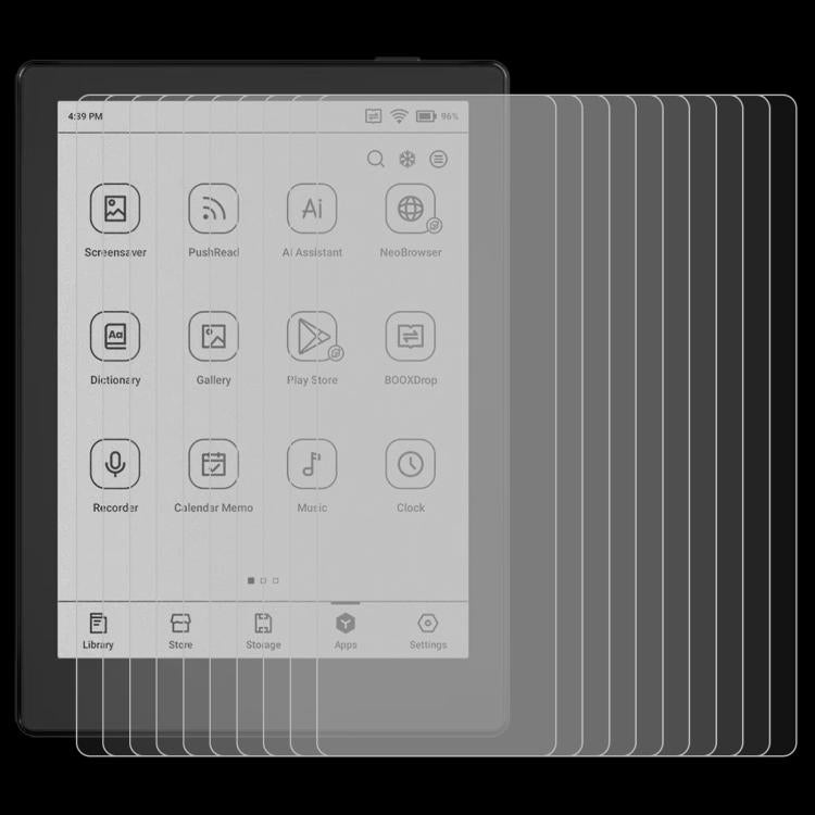 Stack of 25 tempered glass screen protector films layered on a tablet display