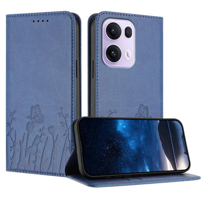 Blue magnetic phone case with tulip and butterfly pattern, dual-view with camera opening