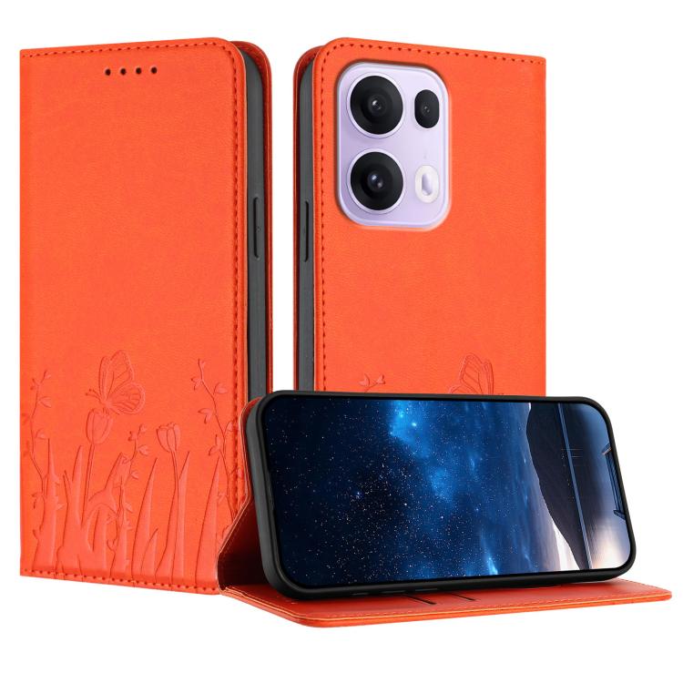 Magnetic vegan leather phone case, orange with tulip-butterfly pattern and stand