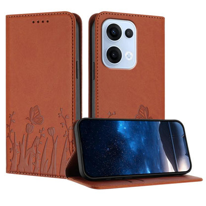Magnetic vegan leather phone case with tulip and butterfly pattern, orange fold cover