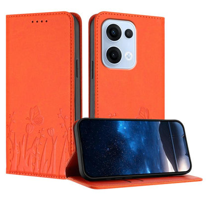 Magnetic vegan leather phone case with tulip and butterfly pattern, bright orange fold cover