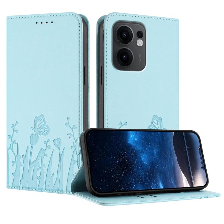 Magnetic vegan leather phone case with tulip and butterfly pattern, light blue fold cover